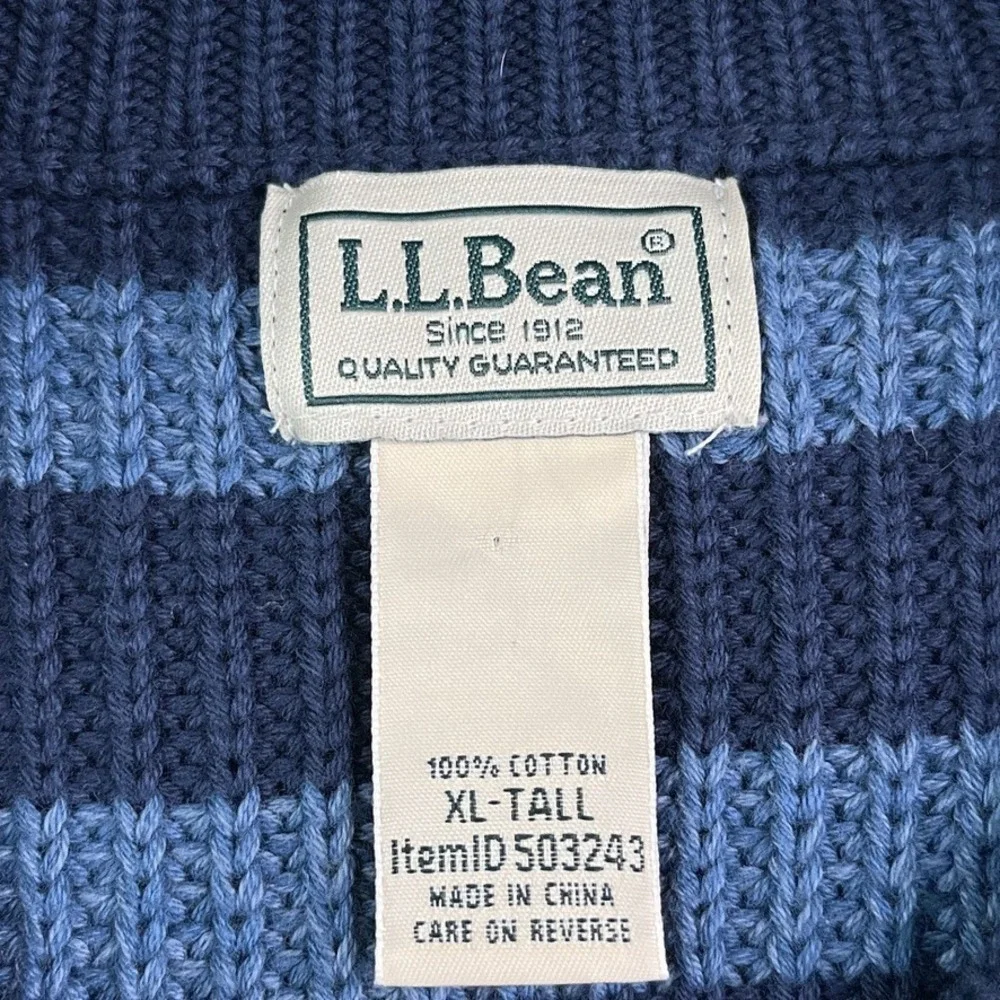 LL Bean Sweater Mens XL Tall Blue Stripes Crewneck Heavy Cotton Chunky Fisherman